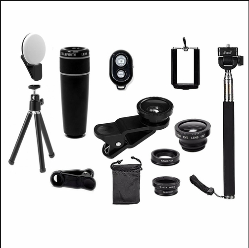 11-in-1 smartphone camera lens kit with tripod and Bluetooth remote
